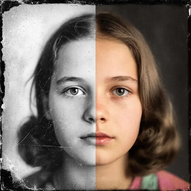 Черно белая ретро фотография девушки, половина которой раскрашена нейросетью и восстановлена